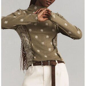 NWOT Anthropologie Pilcro Turtleneck Cotton-Slub Blouse Top Green Motif Large